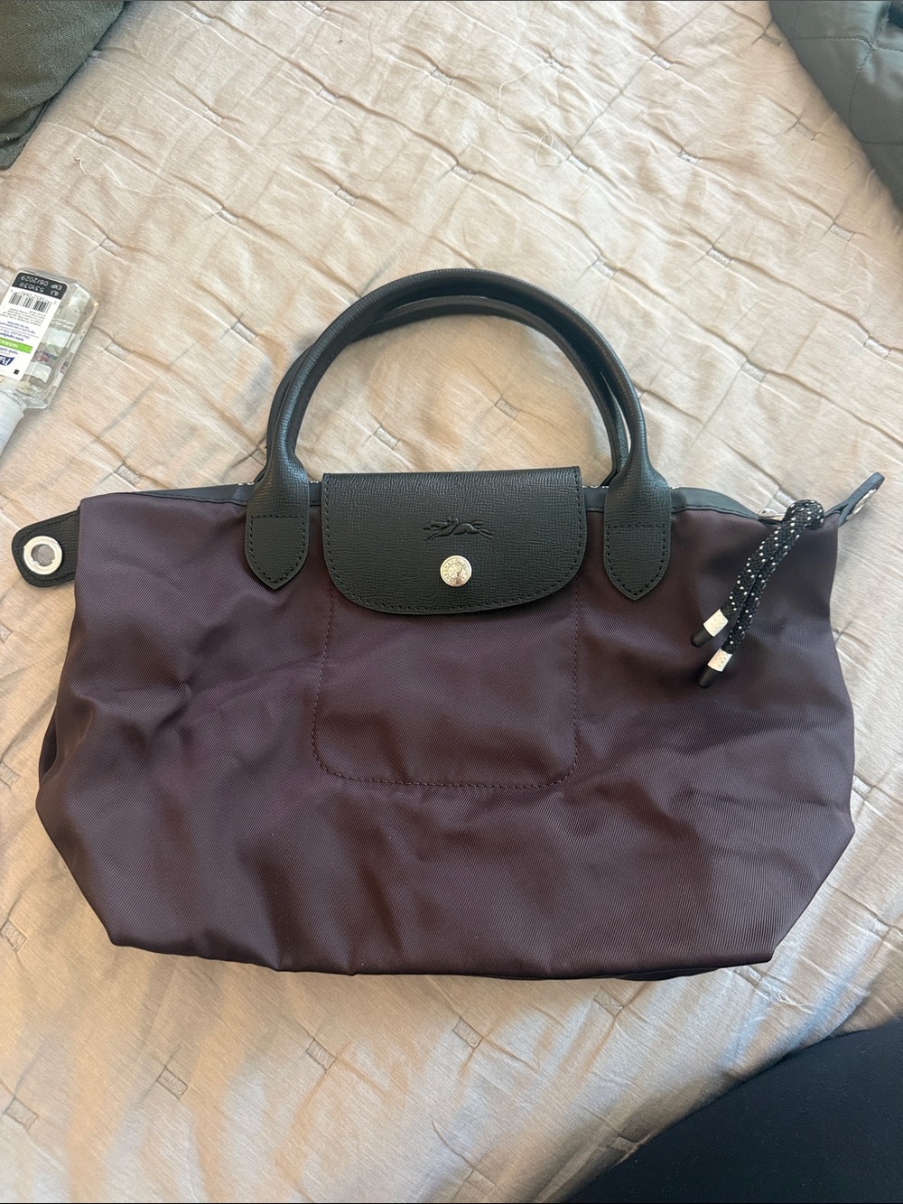 Longchamp Small Le Pliage Tote in Plum with Black Trim